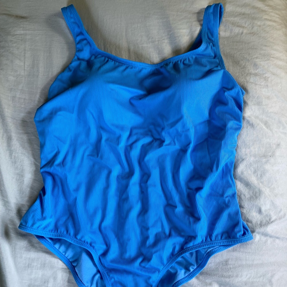 One piece bathing suit, blue, 1X.